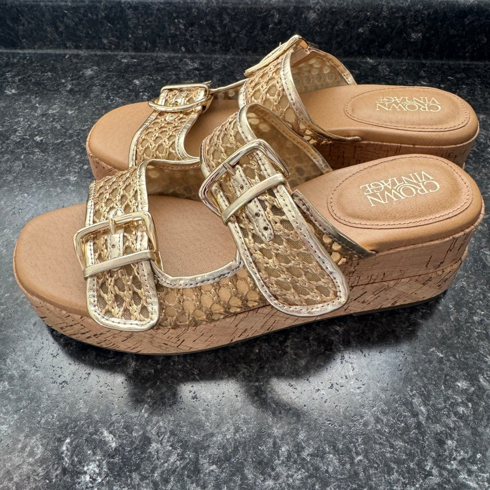 Crown Vintage Strappy Buckle Cork Platform Wedge Gold Sandal Woven Cane Women 10